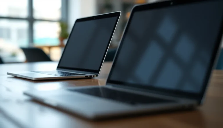 Two laptops showing roofing CRM dashboards side by side