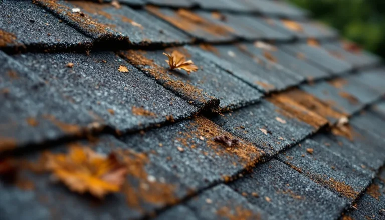 Asphalt shingle roof showing decades of weather