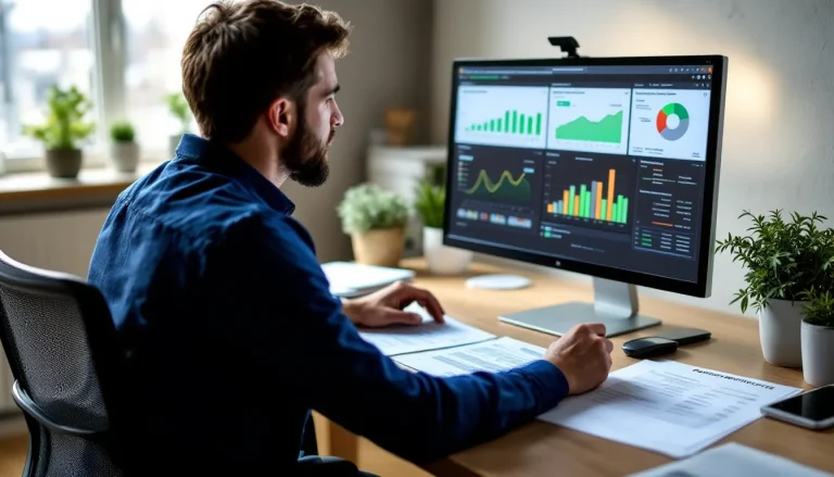 Roofing business owner reviewing CRM platforms at their desk