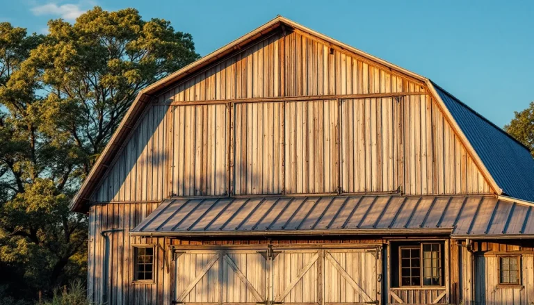 Agricultural building with classic corrugated galvanized metal roofing