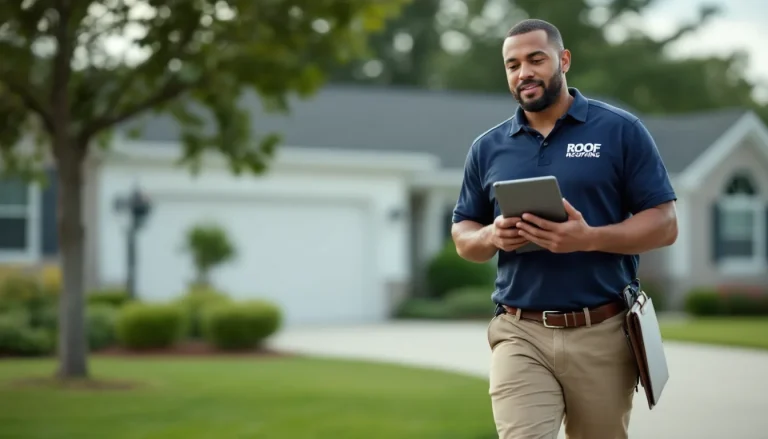 Roofing salesperson approaching a suburban home with a tablet