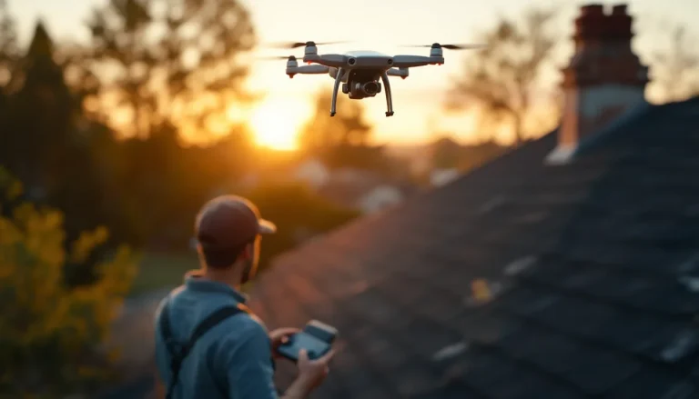 Drone hovering above a residential roof for measurement