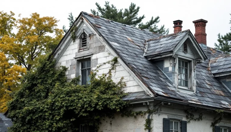 Aging historic roof with weathered materials