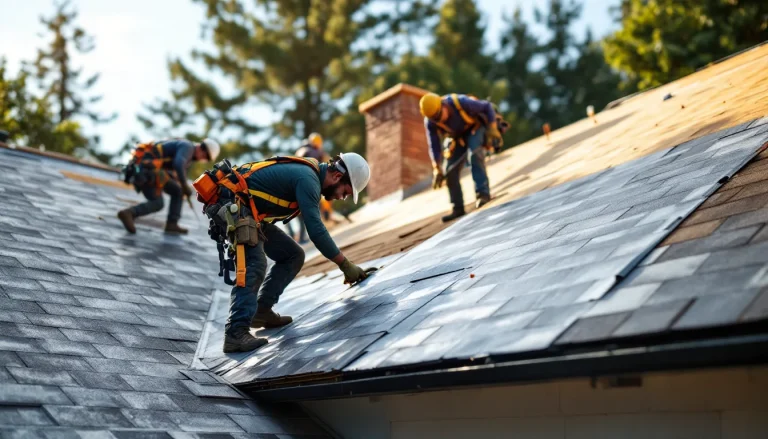 Editorial photograph of a roofing crew in process of installing a new roof on a ...