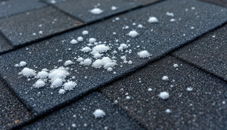 Close-up of hail damage on asphalt shingles