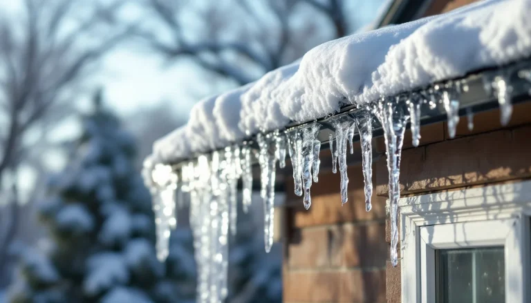 Editorial photograph of a residential roof in winter showing the dangerous edge ...