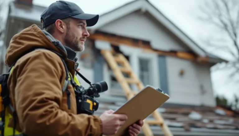 Insurance adjuster inspecting storm-damaged roof