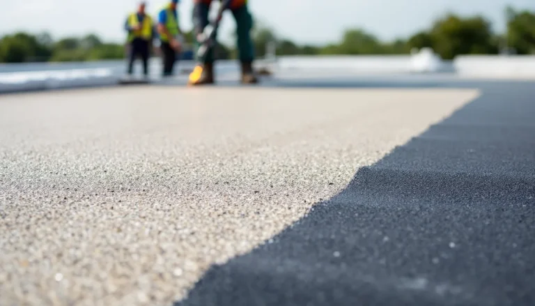 Modified bitumen membrane being torch-applied on flat roof
