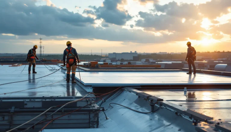 Commercial roofing crew installing TPO membrane on a warehouse at dawn