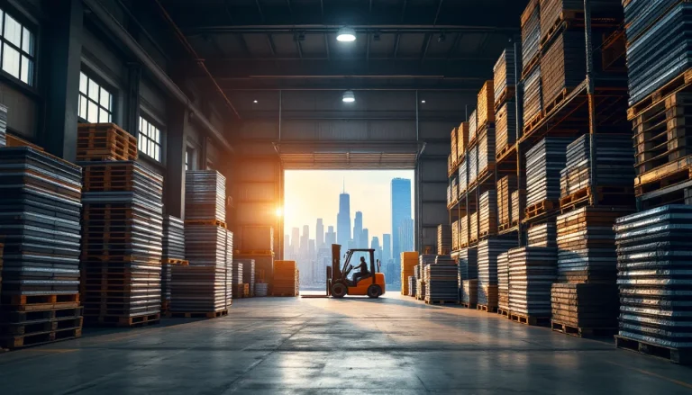 Roofing distribution warehouse interior with pallets of shingles and Chicago skyline