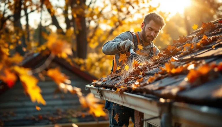 Roofer cleaning gutters in fall maintenance