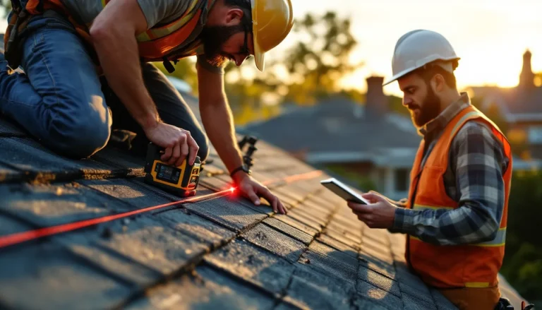 Roofing contractors measuring a roof for cost estimation