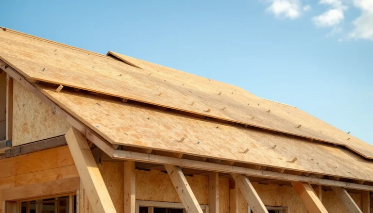 OSB roof sheathing partially installed on residential framing