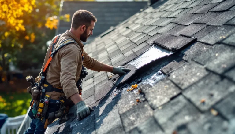 Editorial photograph of a roofer on a residential roof replacing a few damaged a...