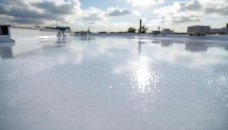 Flat commercial roof with fresh white silicone coating