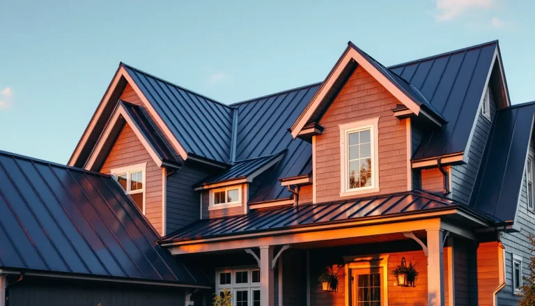 Dark gray standing seam metal roof on a modern farmhouse home