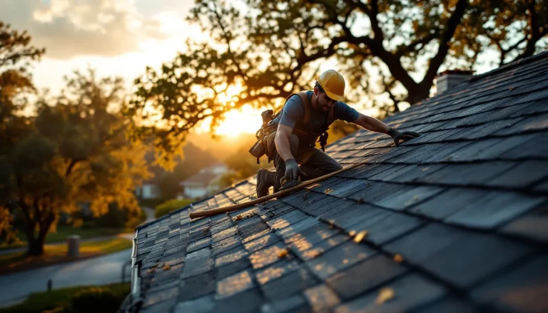 Roofer working on a Texas residential home in late afternoon light