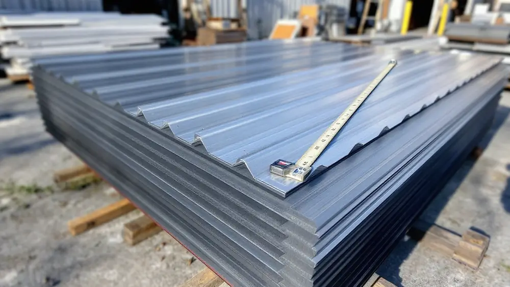 Stack of 12 ft ribbed steel roof panels in charcoal and bare Galvalume on wood blocks at a supply yard