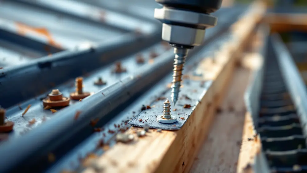 Hex-head roofing screws with neoprene washers set in a row along a purlin on a ribbed steel panel
