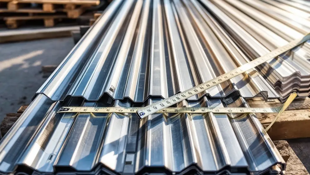 Stack of 16 ft ribbed Galvalume steel roof panels on wood dunnage with a tape measure across the 36 in coverage width