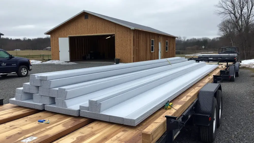 Painted 16 ft steel roof panels strapped flat on a utility trailer deck beside a pole barn under construction