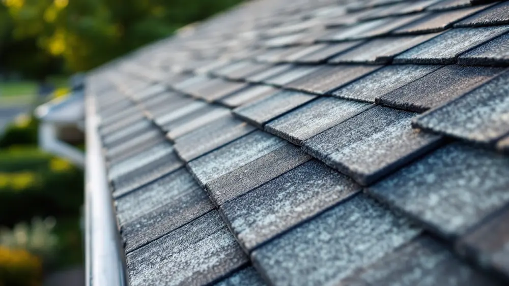 Weathered gray 3-tab asphalt shingles with granule loss and slightly curled tabs on an older roof