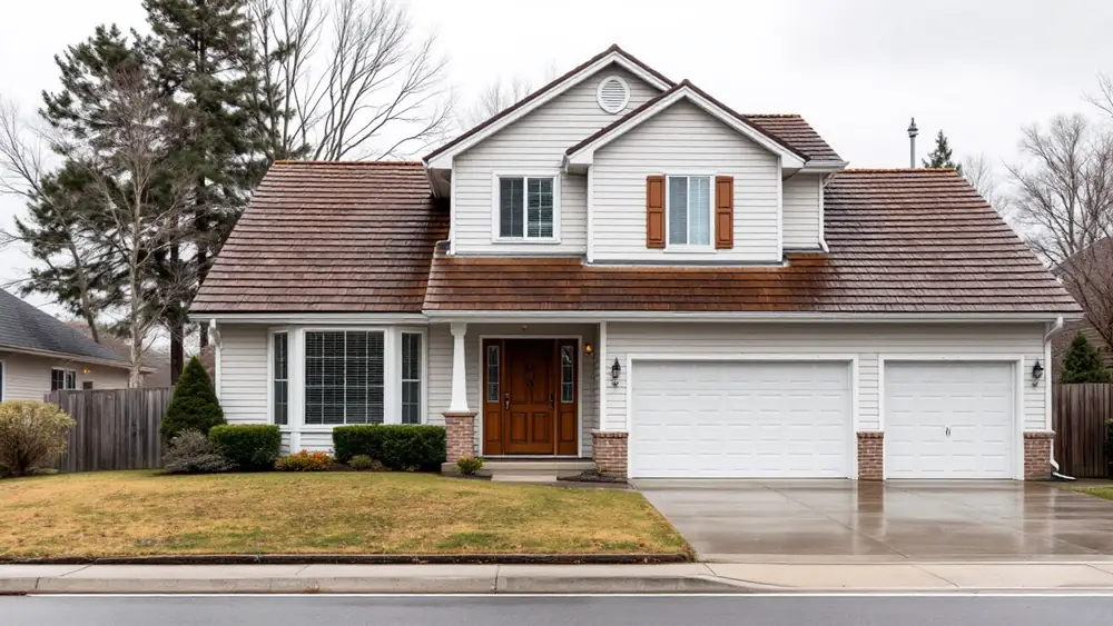 Suburban house with an older faded 3-tab asphalt shingle roof seen from the street