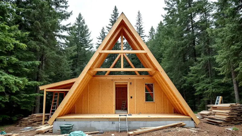 Wood A-frame cabin frame under construction with paired rafters, ridge board and collar ties on a floor deck
