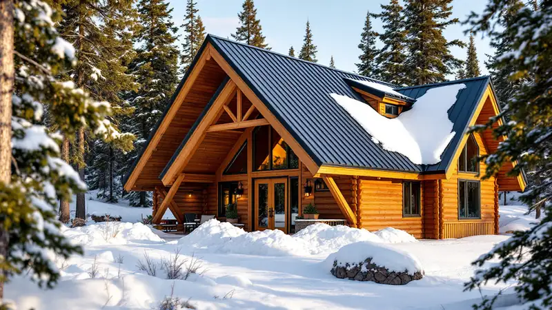 A-frame cabin with a standing seam metal roof and shed snow piled at the base of both steep sides
