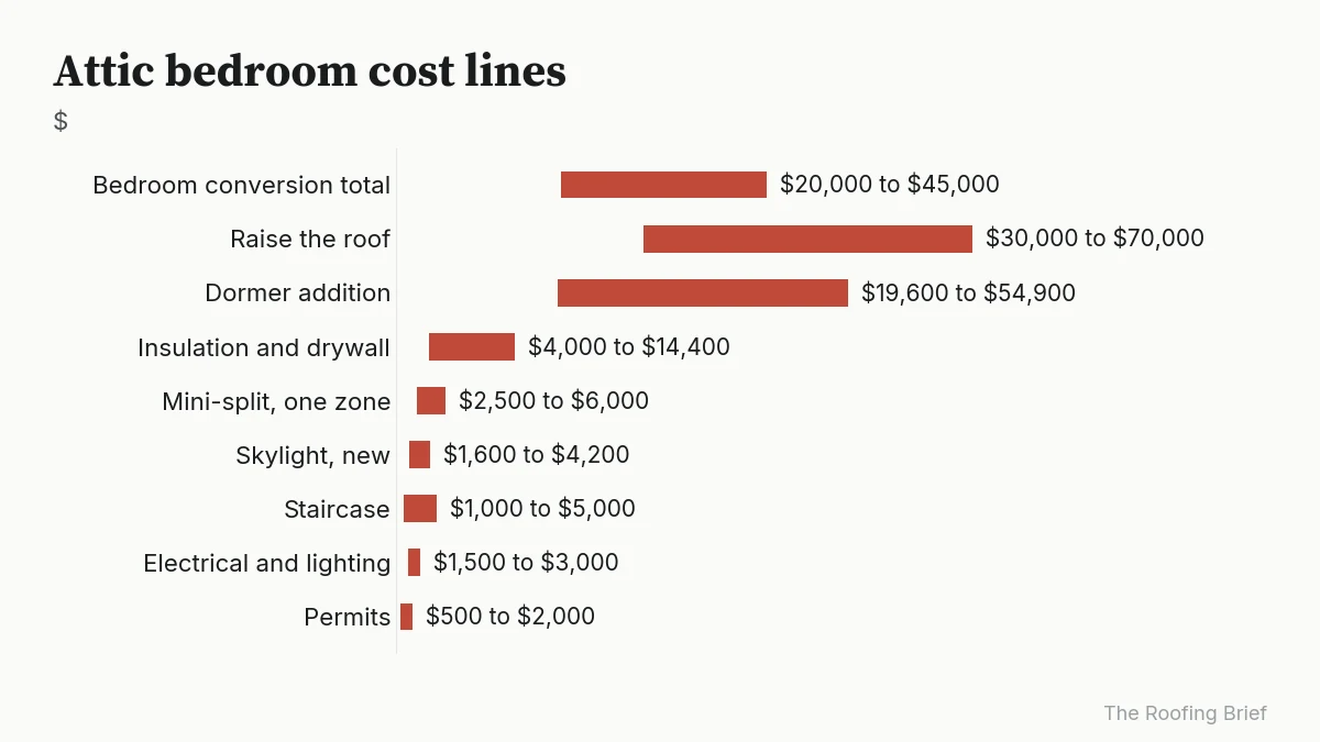 Range chart of attic bedroom cost lines from 500 dollars for permits to 70,000 dollars to raise the roof