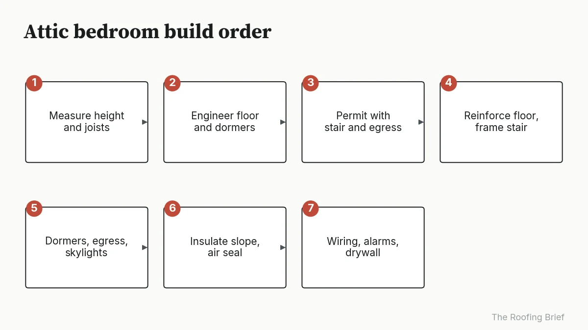 Seven-step process from measuring the attic to wiring, alarms and drywall
