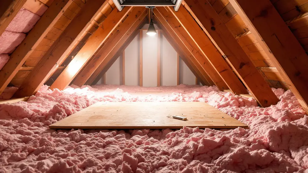 Low-clearance attic crawl space with roof trusses sloping to the eaves and partly insulated ceiling joists