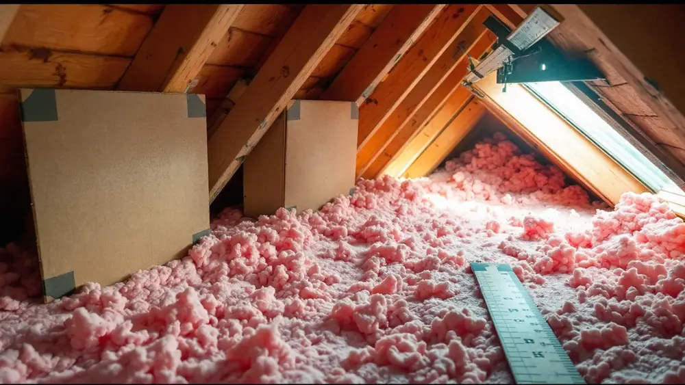Vent baffles stapled between rafters at the eave above fresh blown-in insulation and a depth ruler