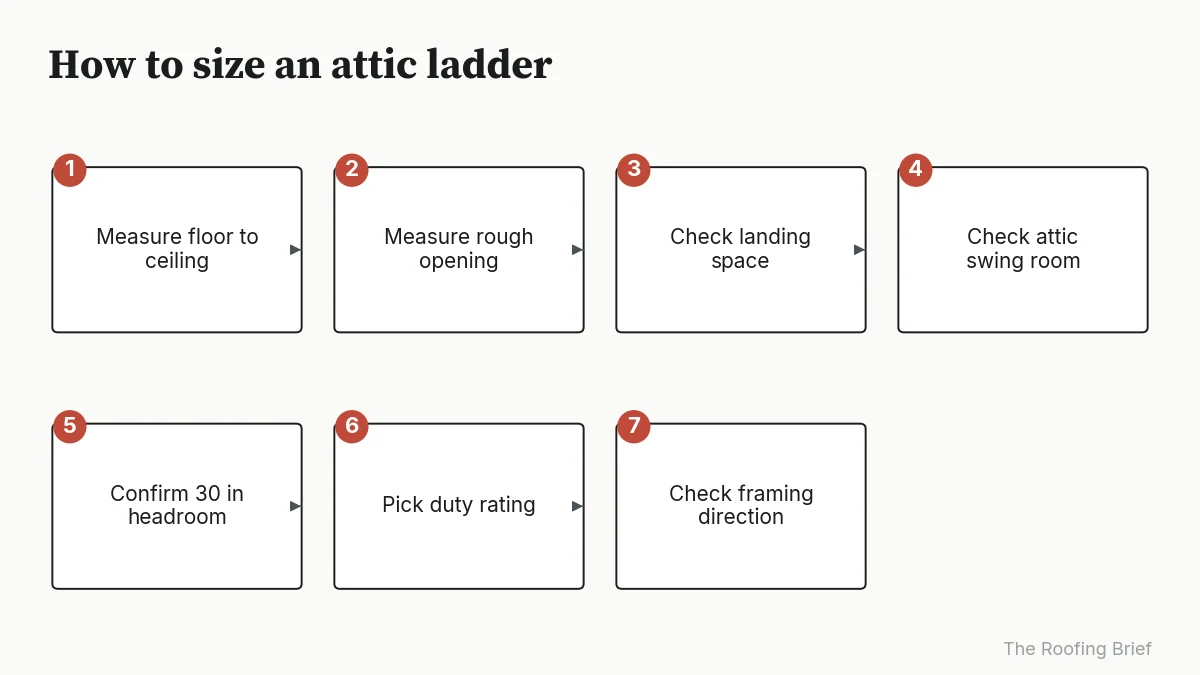 Seven-step process for sizing an attic ladder, from ceiling height to framing direction