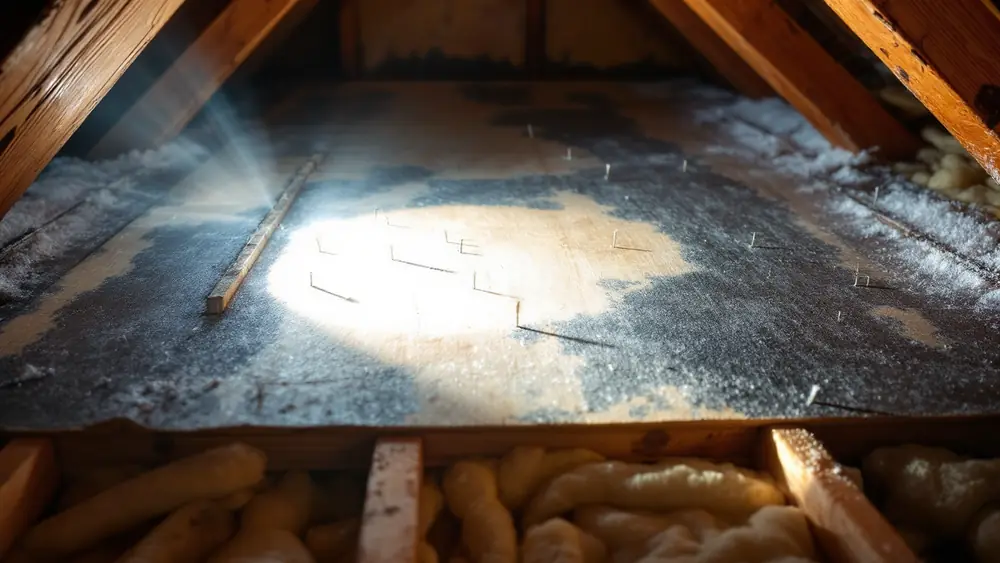 Dark mold staining on attic roof sheathing with frost on nail tips between wood rafters