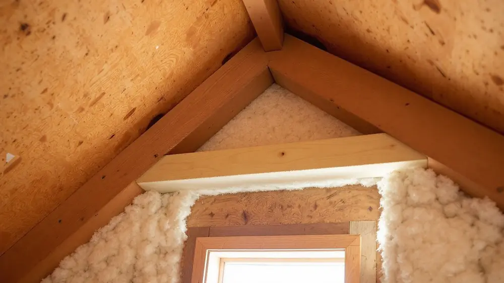 Rafter vent baffle between attic rafters keeping insulation clear of the soffit vent