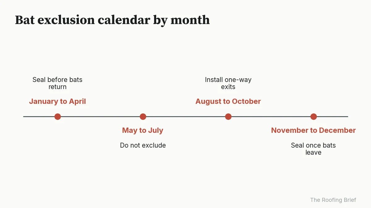 Timeline: seal January to April, no exclusion May to July, one-way exits August to October, seal November to December