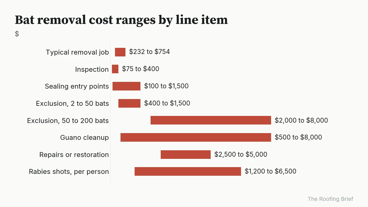 Range chart of bat removal costs: typical job $232 to $754, guano cleanup $500 to $8,000