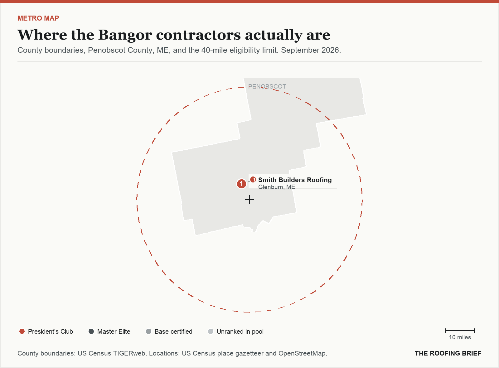 Map of the Bangor, ME metro: county boundaries, the 40-mile eligibility limit and the location of each ranked contractor