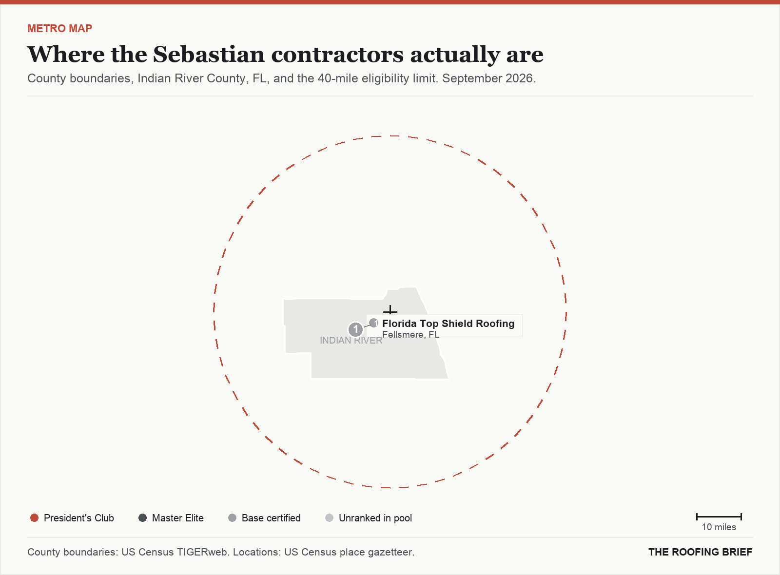 Map of the Sebastian, FL metro: county boundaries, the 40-mile eligibility limit and the location of each ranked contractor