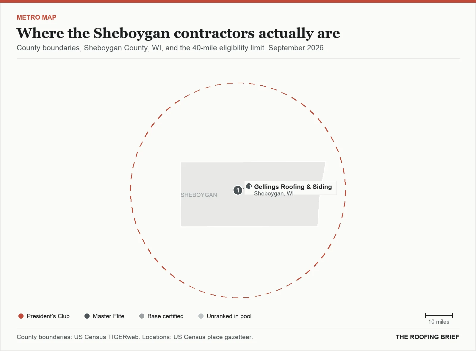 Map of the Sheboygan, WI metro: county boundaries, the 40-mile eligibility limit and the location of each ranked contractor