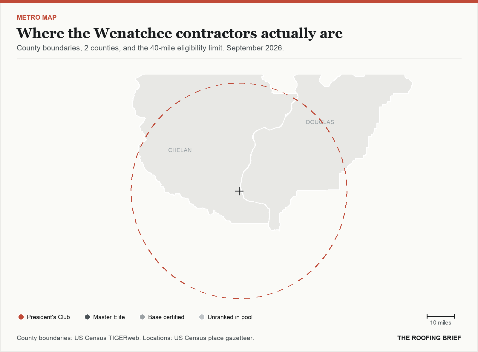 Map of the Wenatchee, WA metro: county boundaries, the 40-mile eligibility limit and the location of each ranked contractor