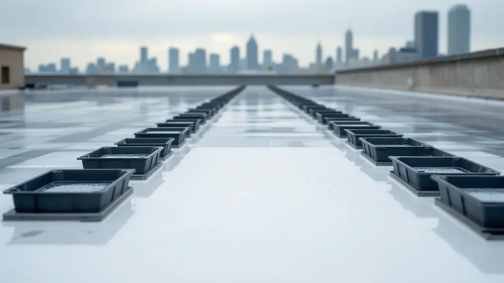 Flat commercial roof with shallow rainwater trays and low aluminum check dams holding stormwater after rain