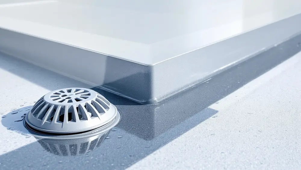 Welded roof membrane flashed up an equipment curb above shallow ponded rainwater next to a flow-restricting roof drain