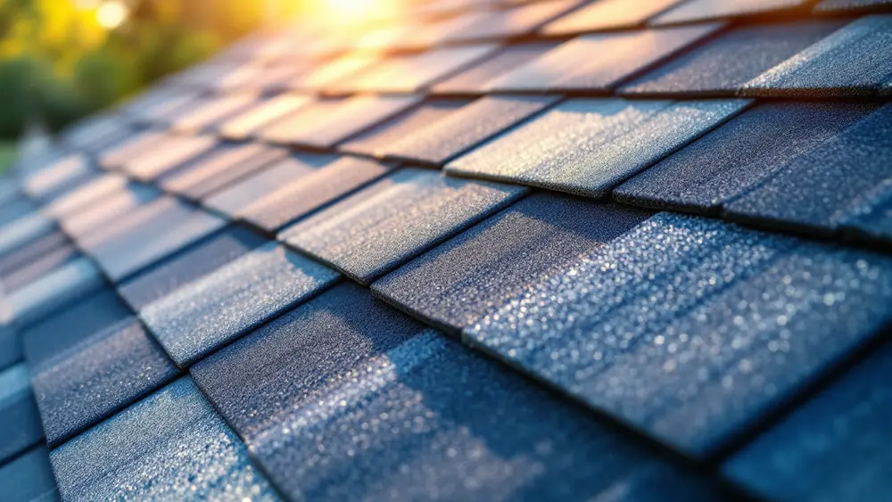 Close-up of blue-gray architectural asphalt shingles showing mixed blue, gray and charcoal granules
