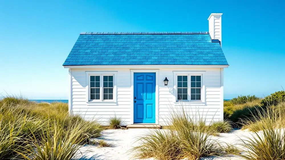 Cape Cod house with white siding, white trim and a blue-gray asphalt shingle roof