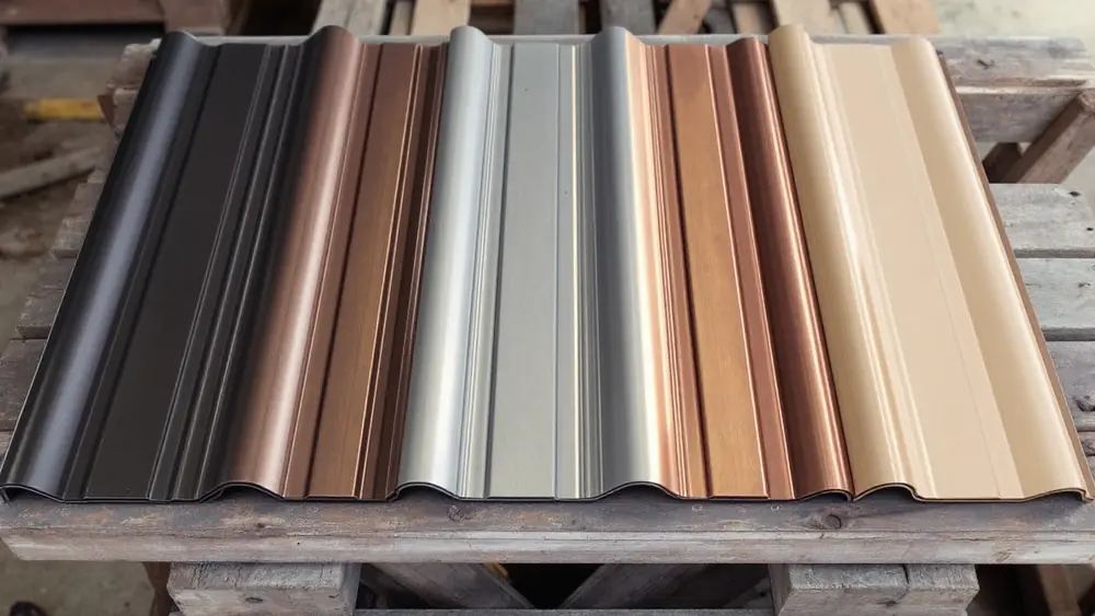 Painted steel roof panel samples in dark bronze, medium bronze, gray-brown, copper and sandstone tan side by side