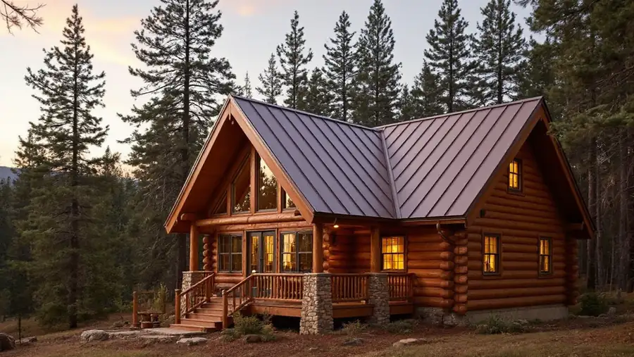 Log home with a dark bronze standing seam metal roof and a gray fieldstone chimney in a forest