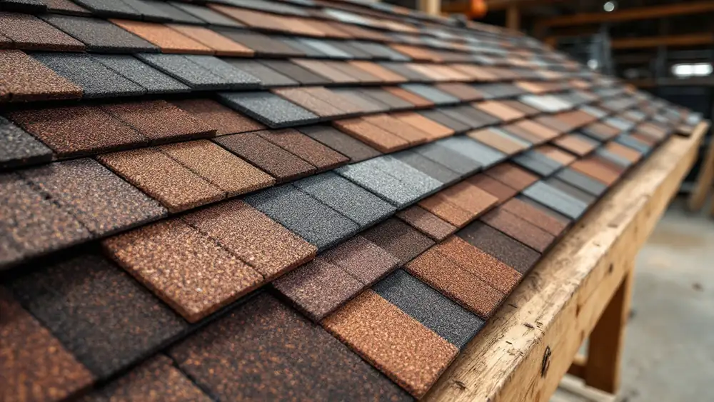 Several full-size dark brown and warm brown architectural asphalt shingles laid side by side to compare granule blends