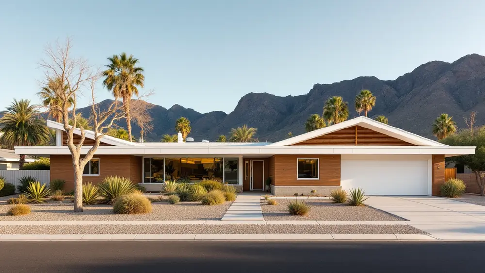 Mid-century modern desert house with a butterfly roof sloping to a central valley and clerestory windows under the high eaves